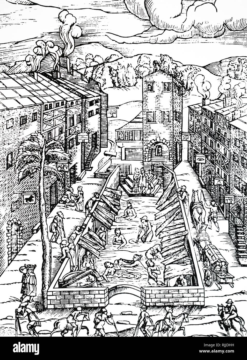 A woodcut engraving depicting the baths of Plombiere. Mixed public baths were a feature of city life, particularly in many of the German city-states, but were banned after syphilis and gonorrhoea reached epidemic proportions. Dated 16th century Stock Photo