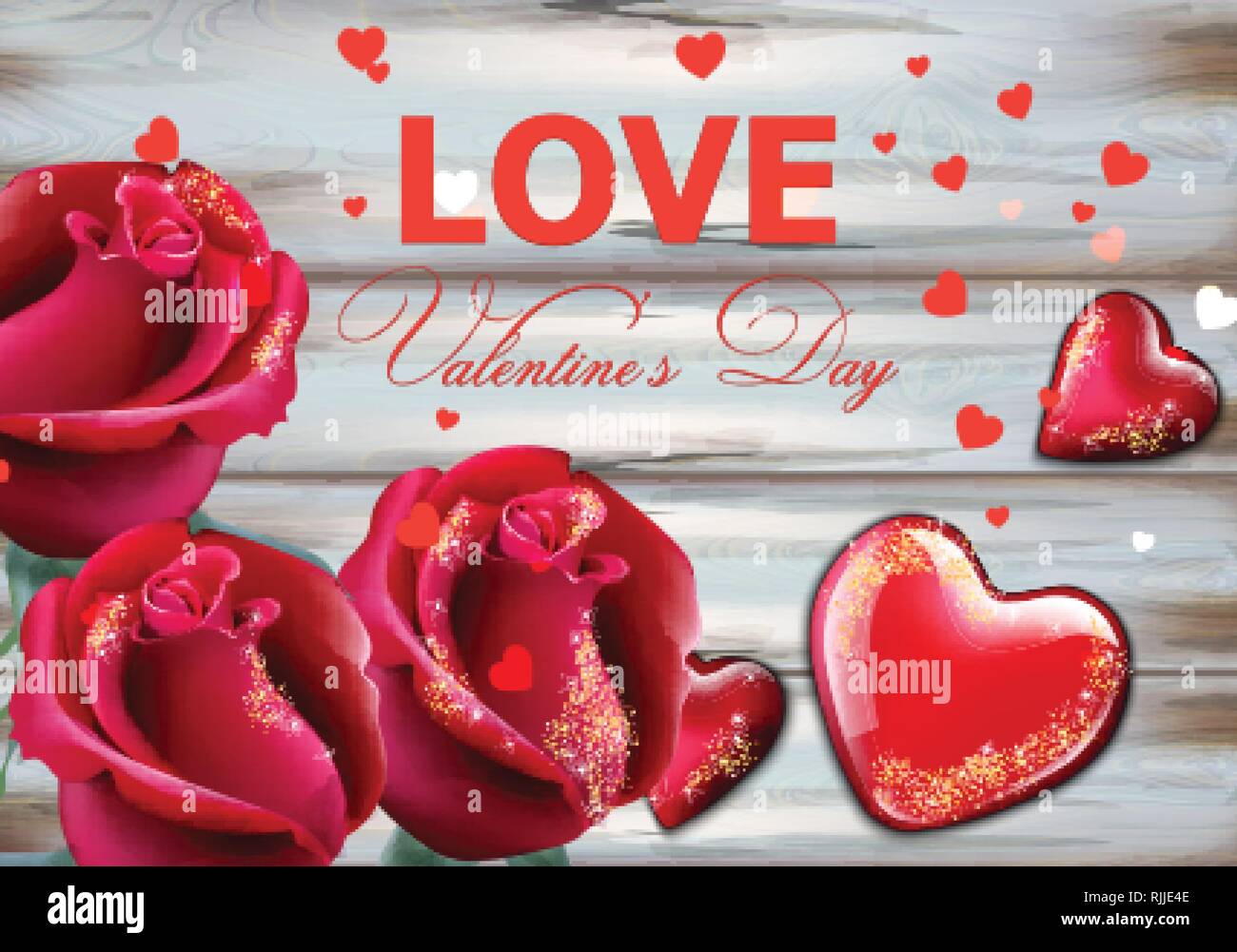 Valentine day card with red roses and hearts Vector realistic. Soft ...