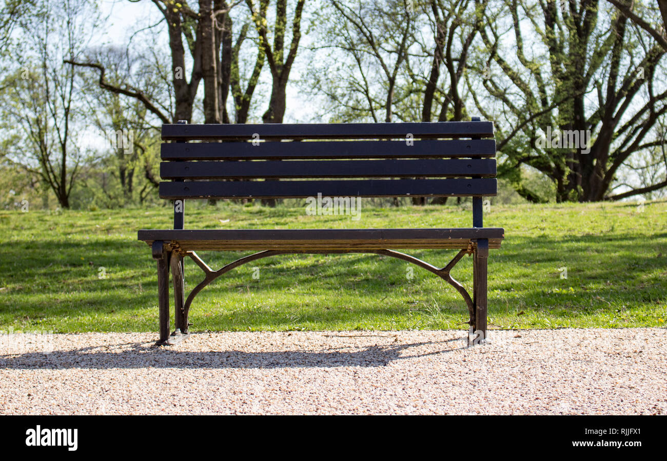 Empty park bench with bright green grass and trees behind it Stock Photo -  Alamy