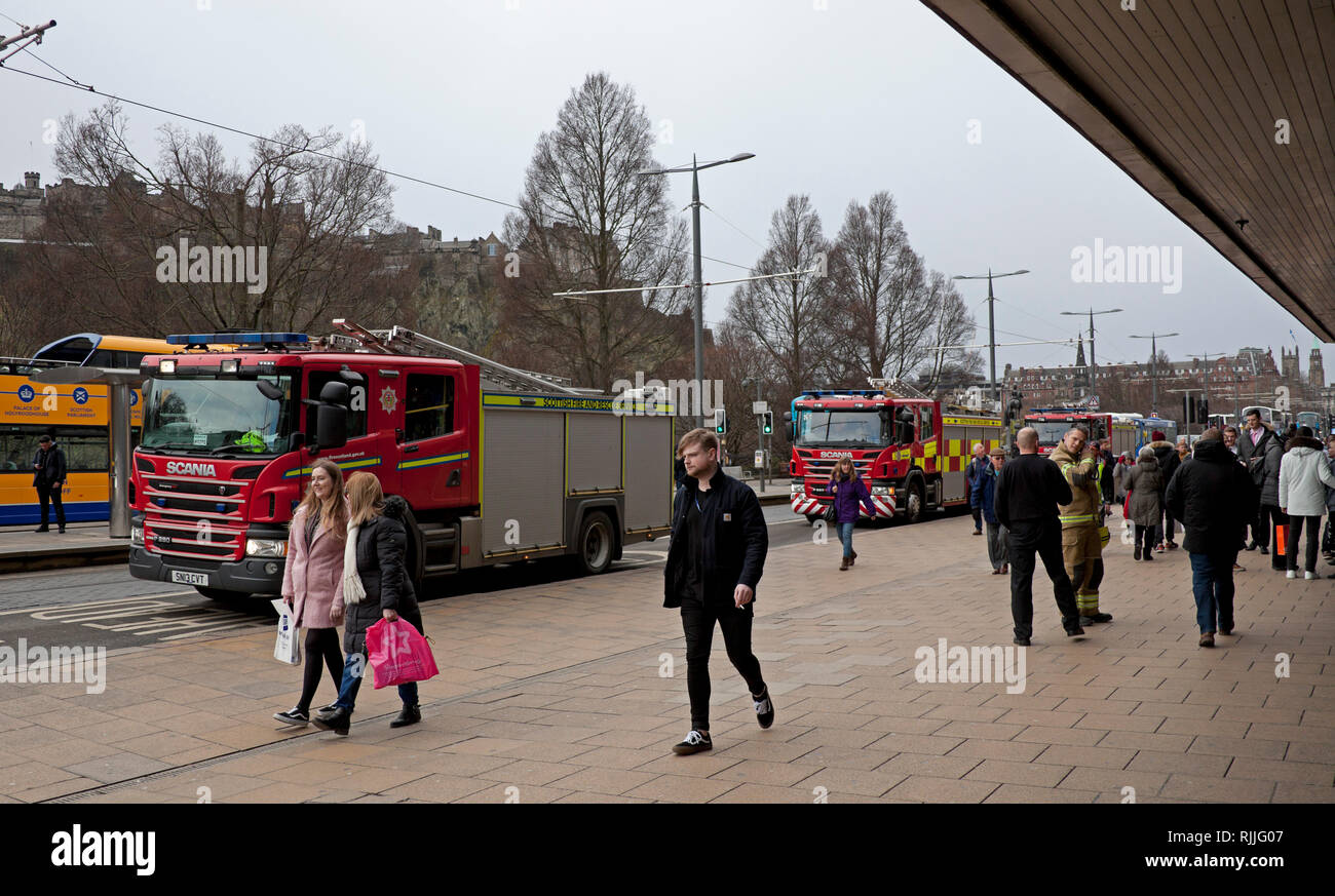 Three fire engines, Princes Street, Edinburgh, Scotland, UK Stock Photo