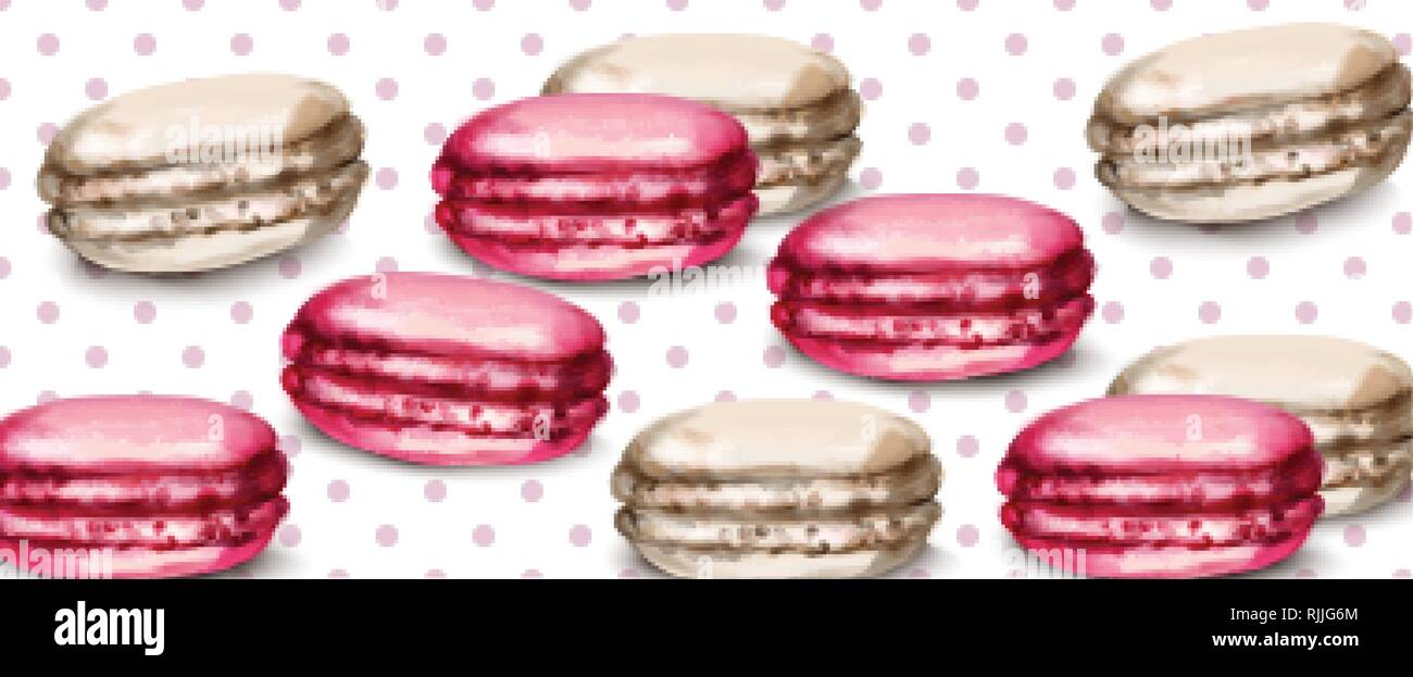 Macaroons retro background Vector watercolor. Banner template sweet french decor Stock Vector