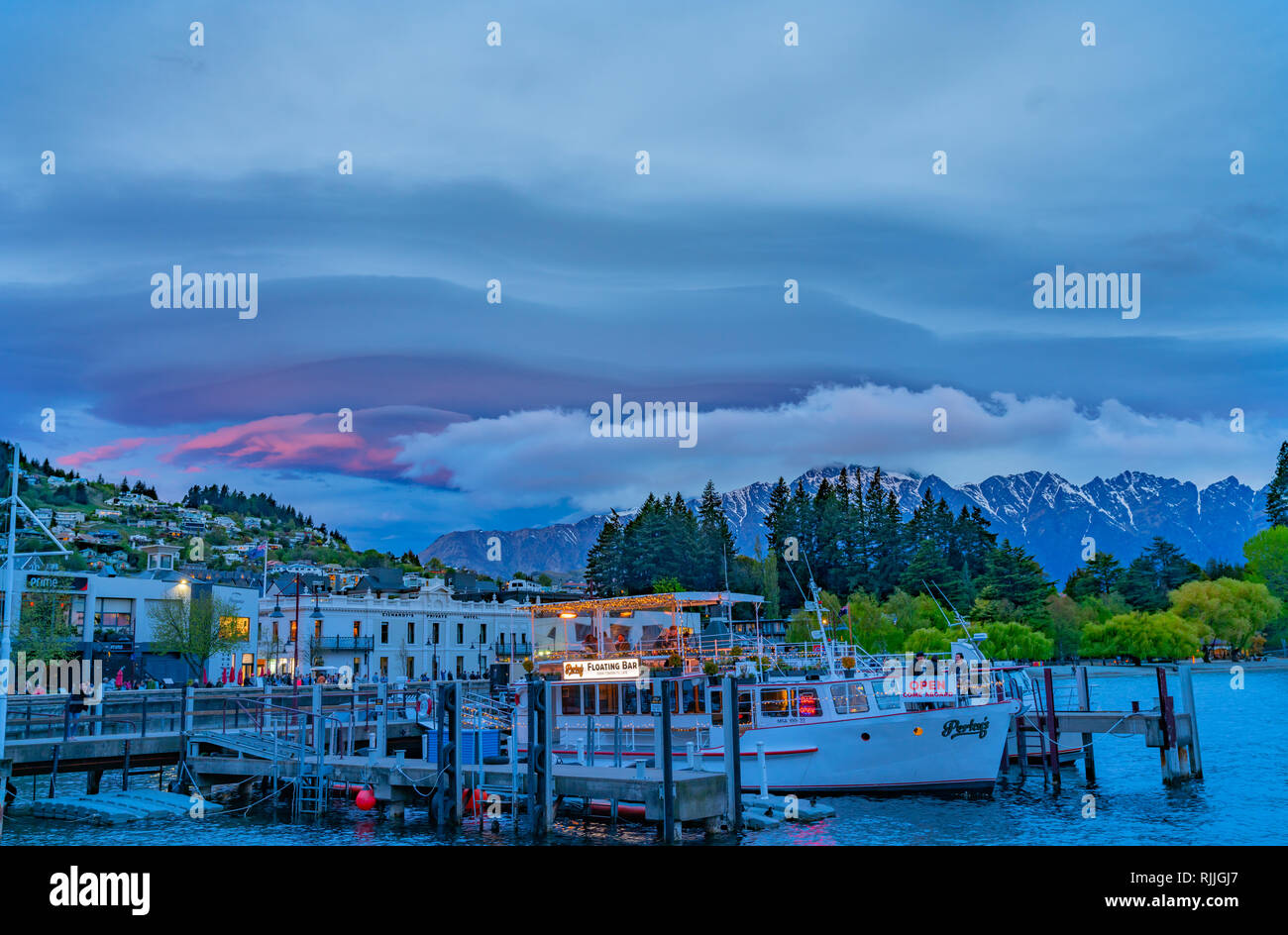 QUEENSTOWN NEW ZEALAND OCTOBER 17 2018; Perky's Floating Bar on
