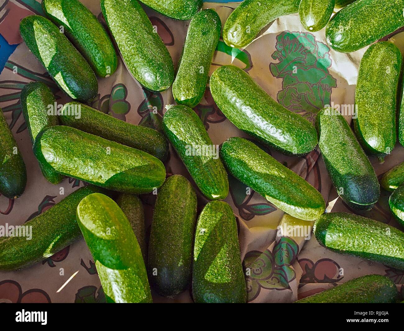 Fresh green gherkins at a food market Stock Photo Alamy