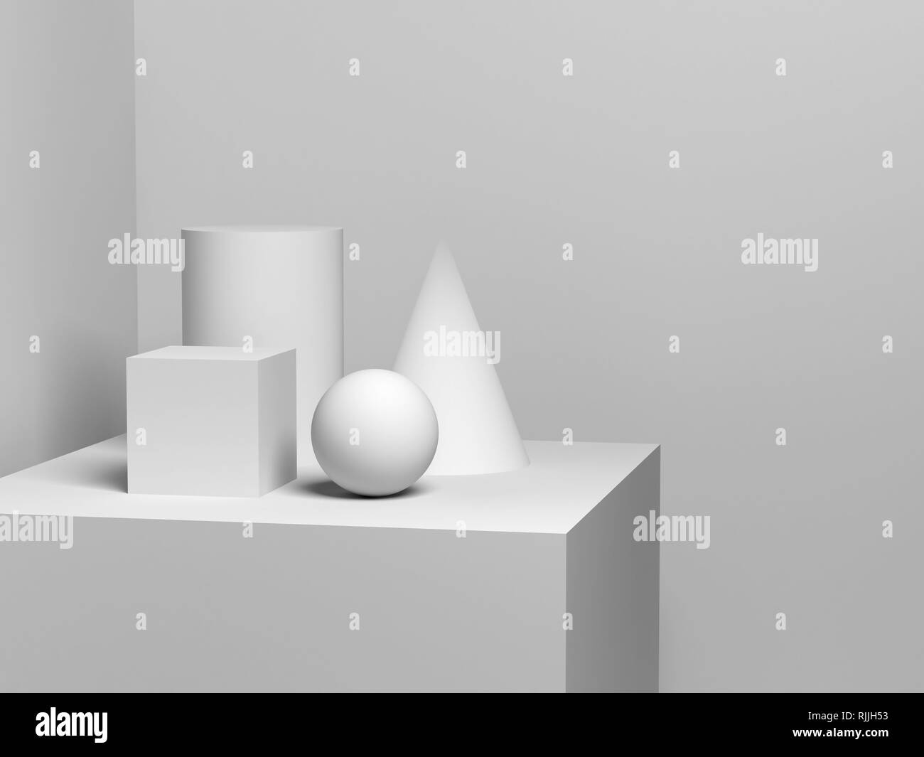 Abstract still life installation with white geometric shapes. 3d render illustration Stock Photo