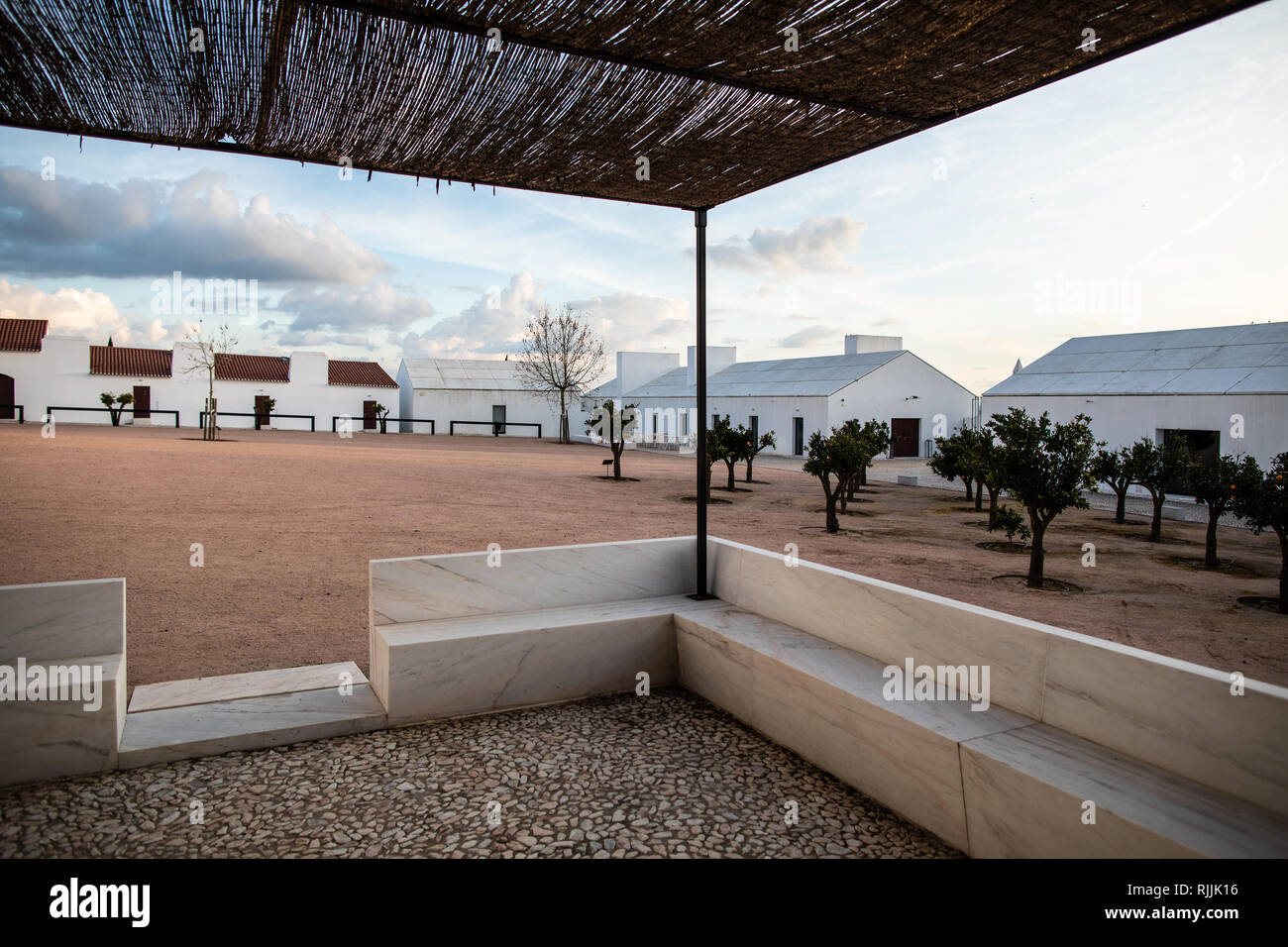 The courtyard of the Medieval farmhouse of the Torre de Palma Winery and hotel Stock Photo