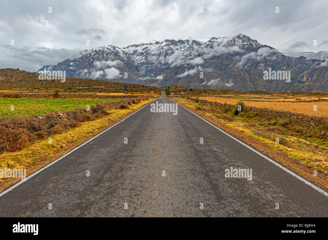 On the road landscape of a highway in the Andes mountain range of Peru in the region of Arequipa and the Colca Canyon, South America. Stock Photo