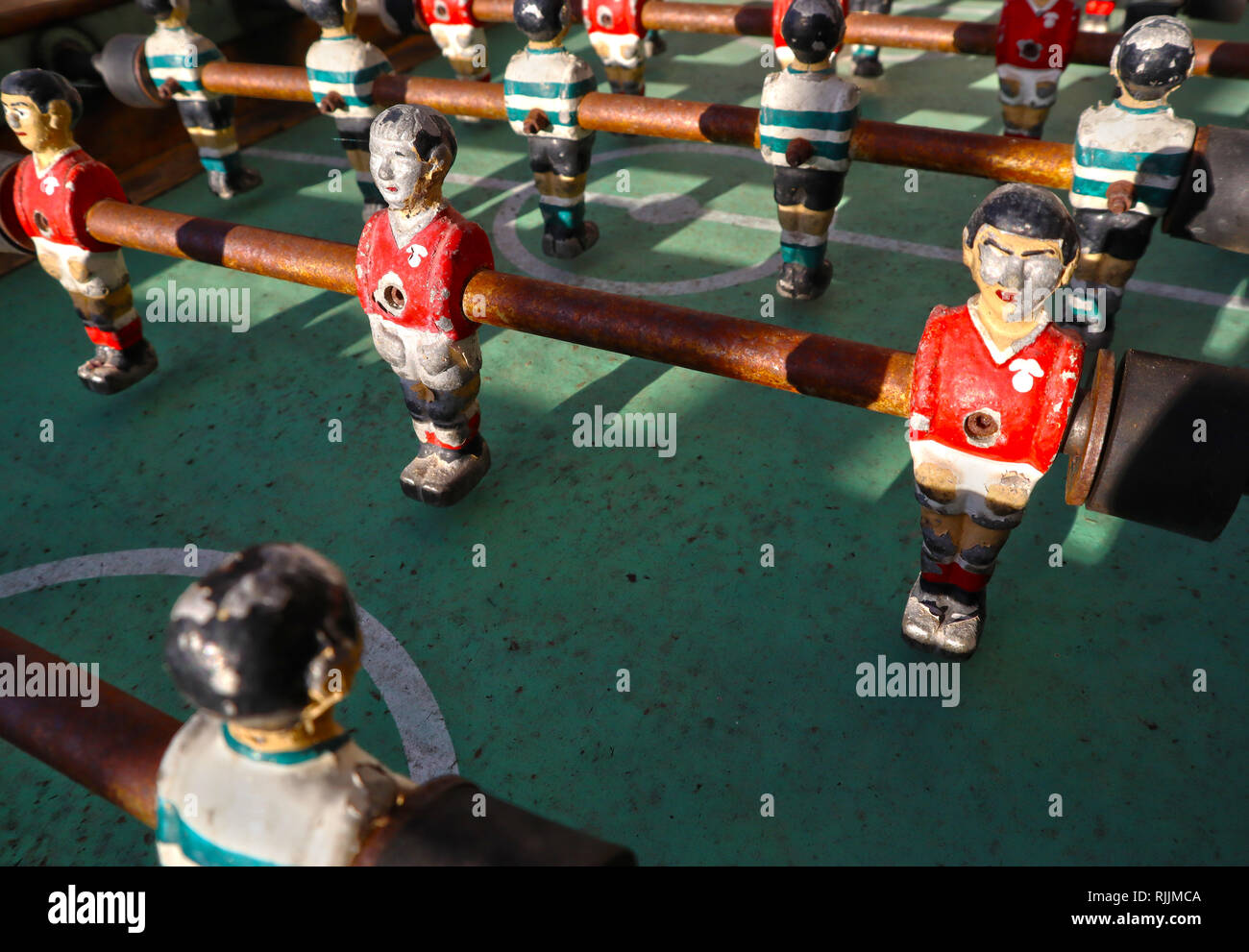 A vintage Subbuteo table outside the bar/ cafe in the picturesque village of Sorgaçosa, Central Portugal. Stock Photo