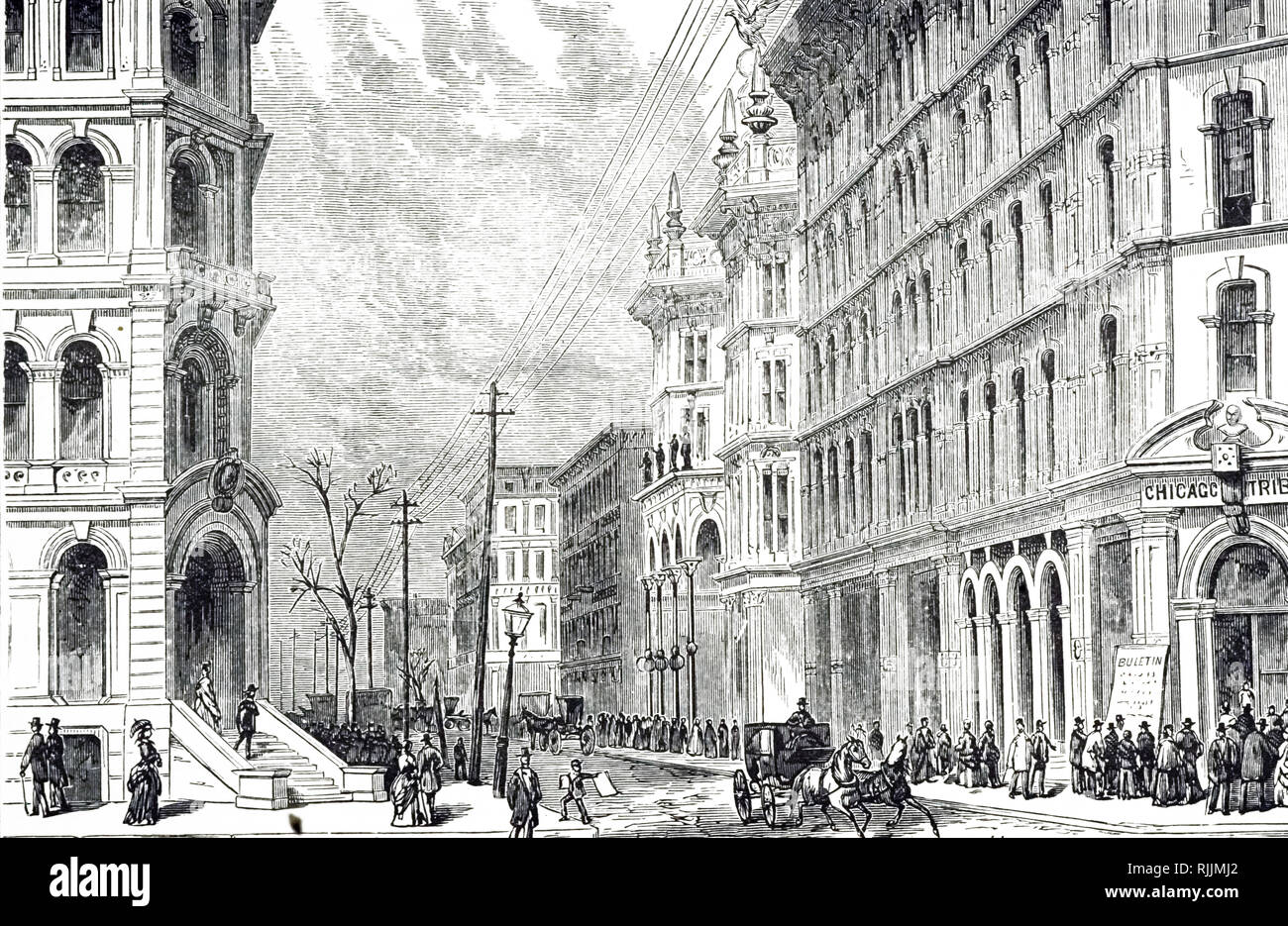An engraving depicting a view of Madison Street, Chicago. Dated 19th century Stock Photo