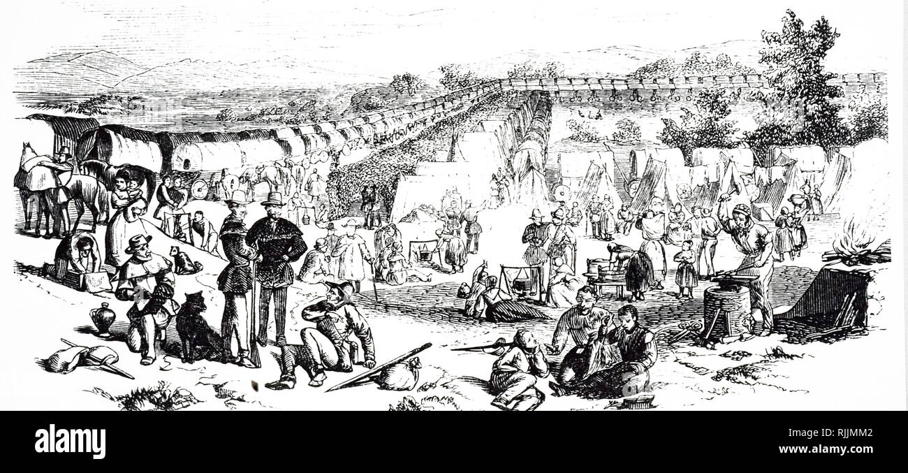 An engraving depicting an encampment of tents in Salt Lake City, the city of the Mormons. Dated 19th century Stock Photo