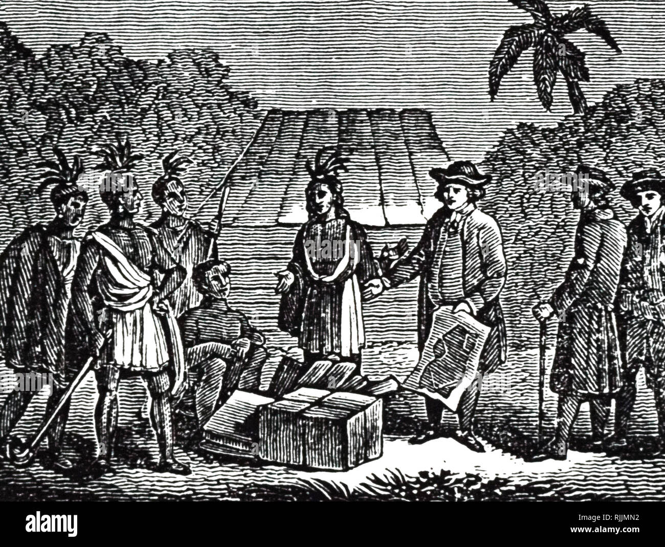 An engraving depicting William Penn meeting the Native Americans. Sir William Penn (1644-1718) an English, real estate entrepreneur, philosopher, early Quaker, and founder of the English North American colony the Province of Pennsylvania. Dated 19th century Stock Photo