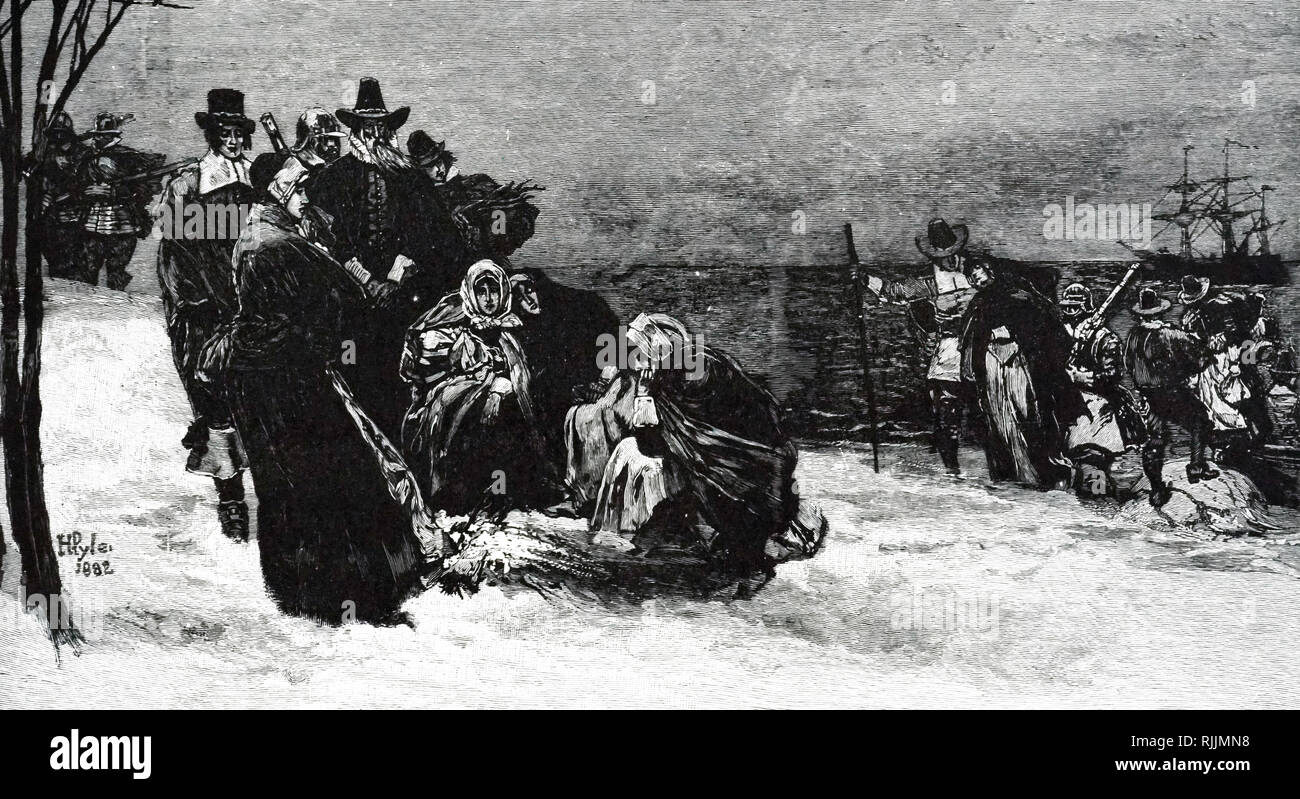 An engraving titled 'The Landing of the Pilgrims'. Dated 19th century Stock Photo