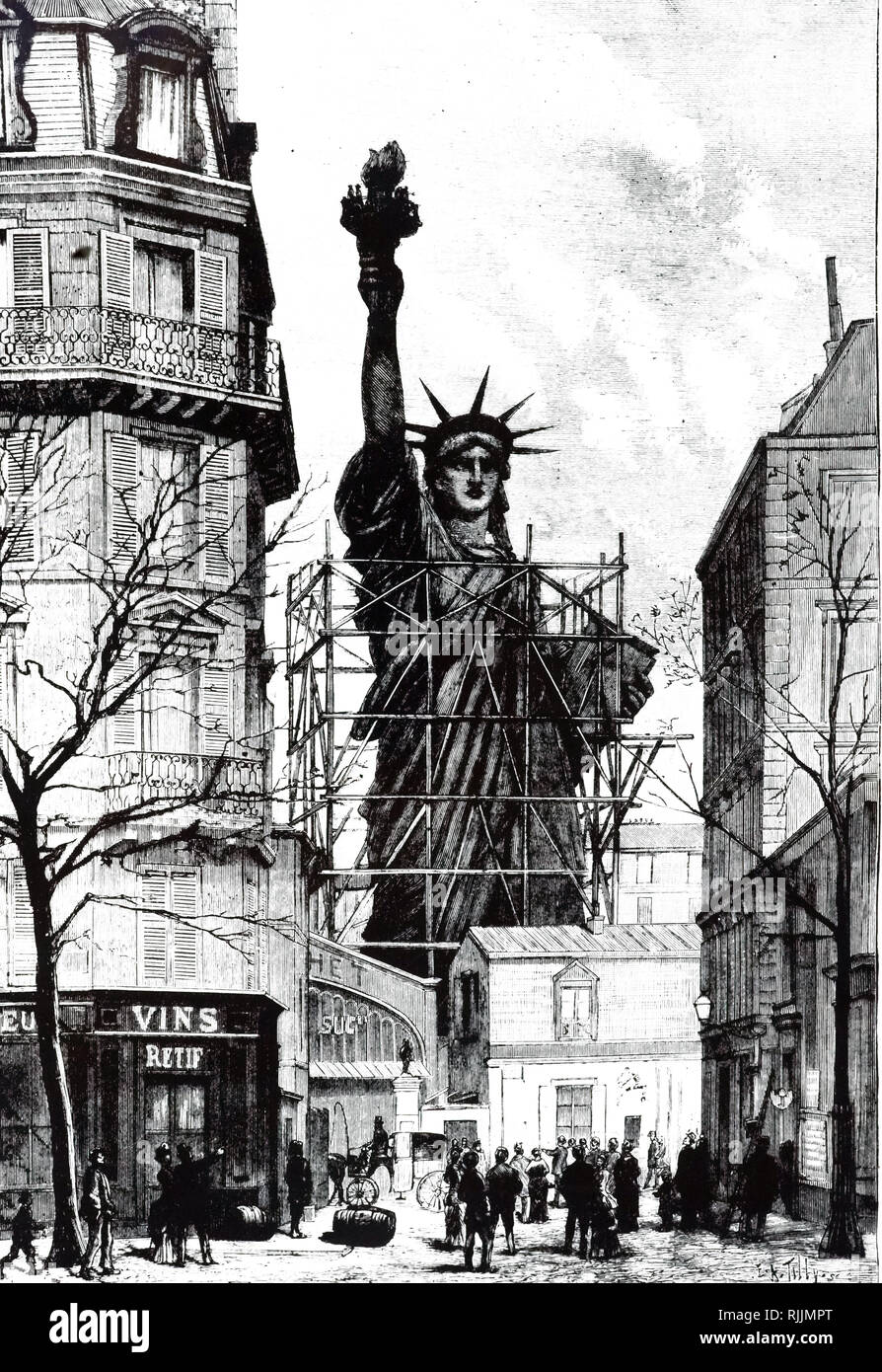 An engraving depicting the construction of the Statue Of Liberty France, designed by French sculptor Frederic Auguste Bartholdi and built by Gustave Eiffel. The statue was dedicated to America on October 28, 1886. Dated 19th century Stock Photo
