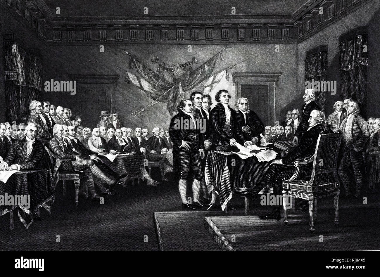 An engraving depicting the Declaration of Independence, 4 July 1776. Dated 18th century Stock Photo