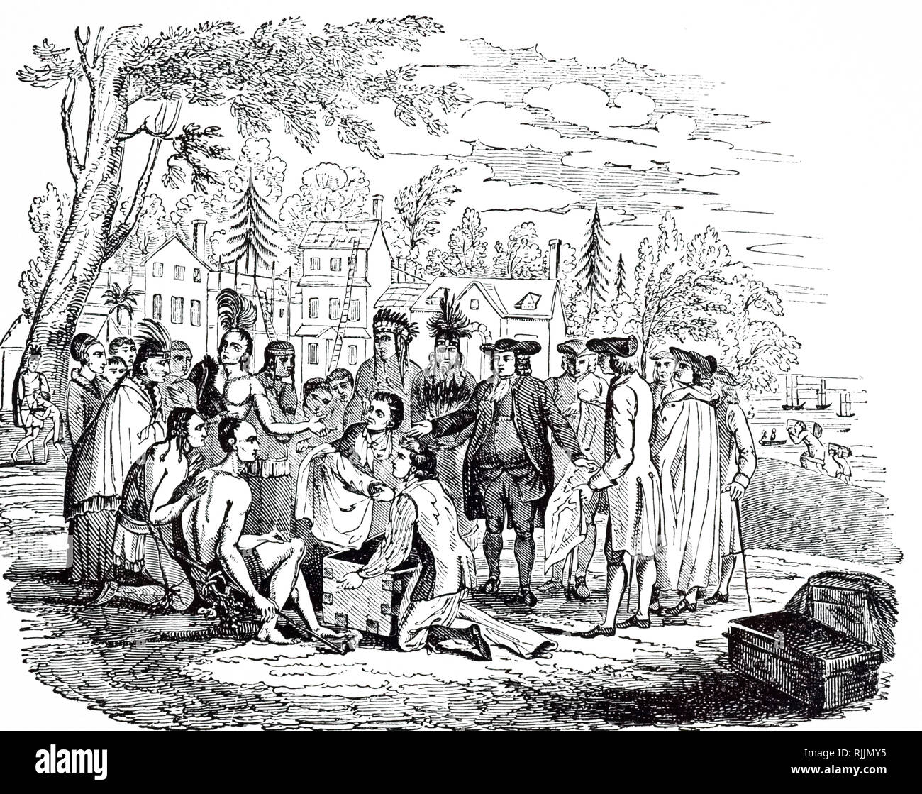 An engraving depicting William Penn meeting the Native Americans. Sir William Penn (1644-1718) an English, real estate entrepreneur, philosopher, early Quaker, and founder of the English North American colony the Province of Pennsylvania. Dated 19th century Stock Photo
