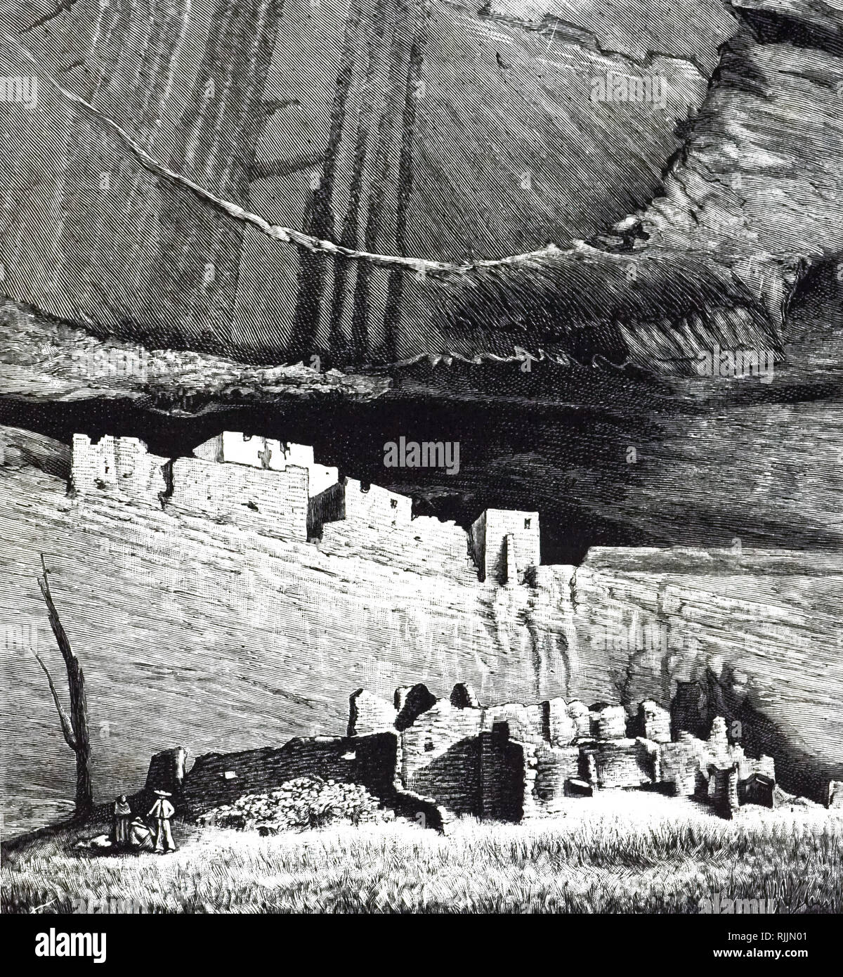 An engraving depicting the ruins of prehistoric cliff houses of Pueblo Indians in New Mexico. Dated 19th century Stock Photo