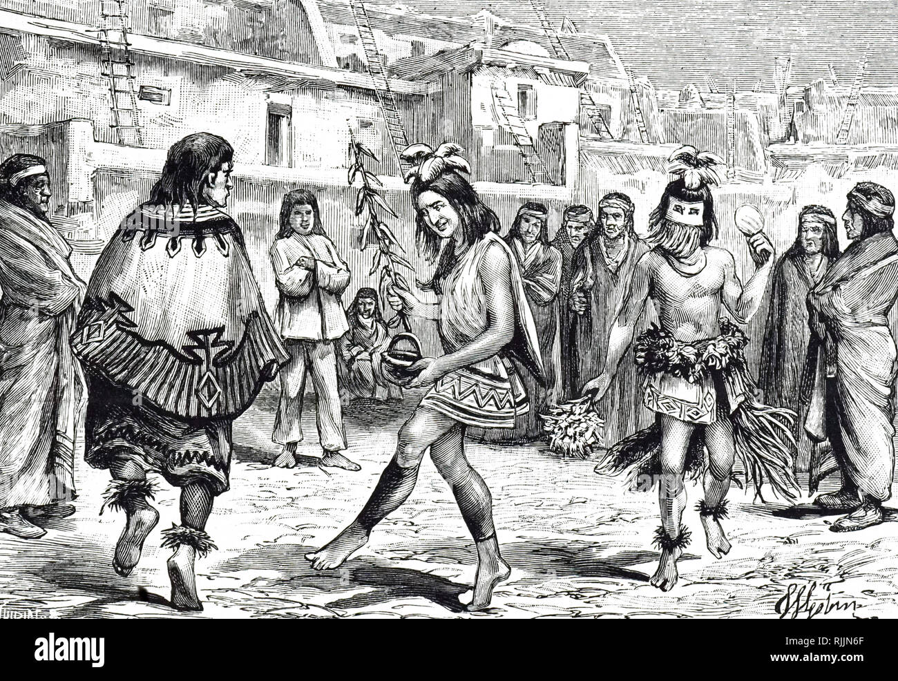 An engraving depicting Zuni Indians (Pueblo Indians of New Mexico) performing a sacred dance, perhaps to bring the rain. In costumes and masks, the men impersonate spirits or gods called Kachinas. Dated 19th century Stock Photo