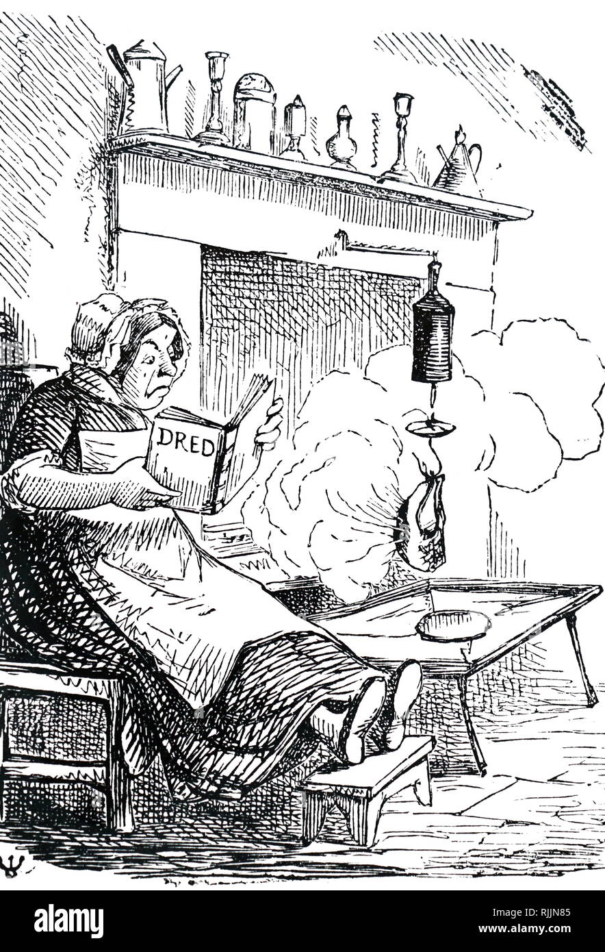 A satirical cartoon commenting on the dire results of the spread of literacy.  The cook becomes distracted by reading her book, as smoke billows out of the fireplace. Dated 19th century Stock Photo