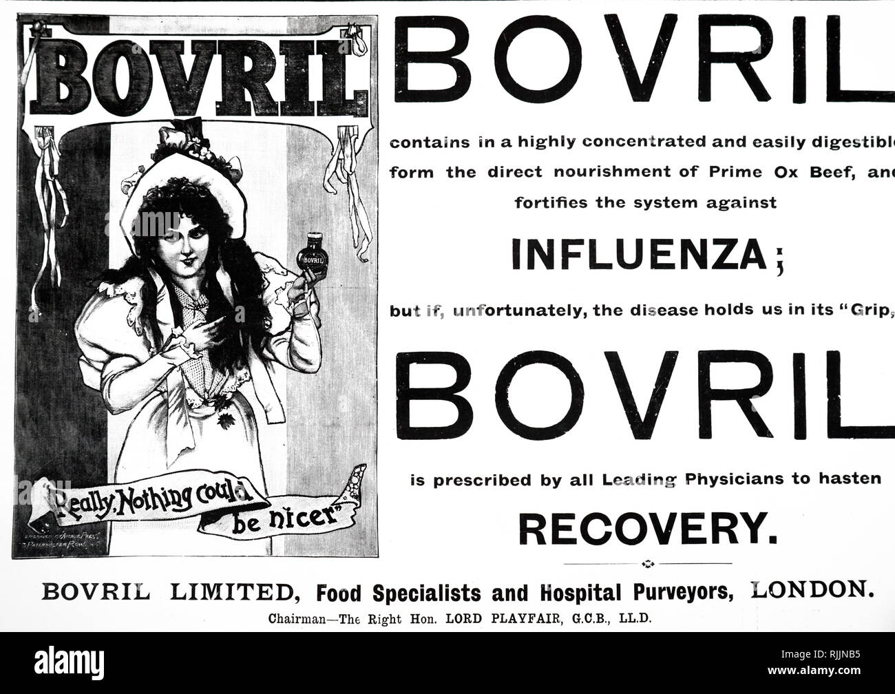 An advertisement for Bovril recommended as an aid to overcoming influenza which was raging in London at this time. Dated 19th century Stock Photo