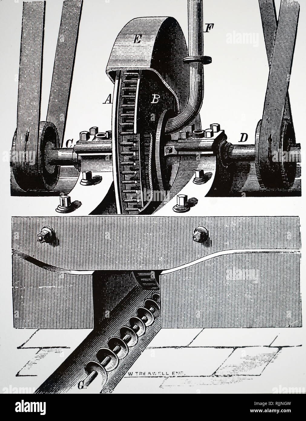 An engraving depicting a percussive flour mill invented by Thomas Carr
