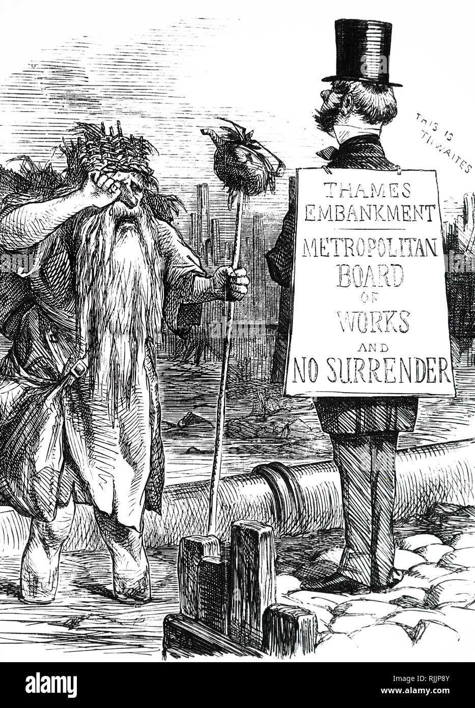 A cartoon depicting John Thwaites, Chairman of the Metropolitan Board of Works, face to face with Father Thames. In 1861 the Board received nearly a million pounds and spent £900,000 on the Thames Embankment and the Metropolitan Main Drainage Scheme amid at clearing up the Thames and providing London with proper sewage disposal. John Thwaites (1815-1870) a British politician and first Chairman of the Metropolitan Board of Works. Dated 19th century Stock Photo