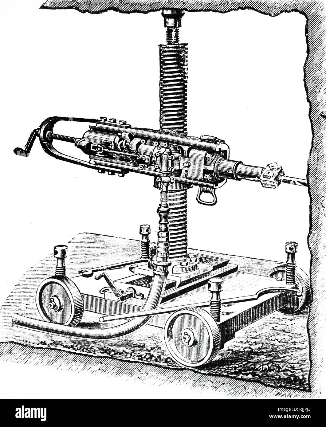 An engraving depicting Burleigh's rock drill mounted on a movable stand ...