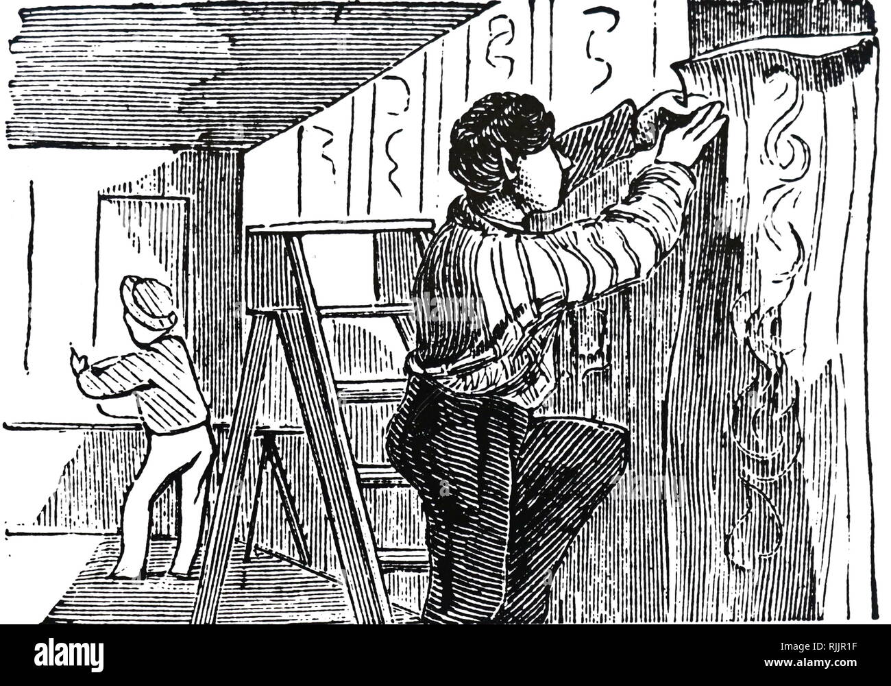 A sketch depicting a man hanging wallpaper. Dated 19th century Stock Photo - Alamy A sketch depicting a man hanging wallpaper. Dated 19th century Stock Photo - Alamy