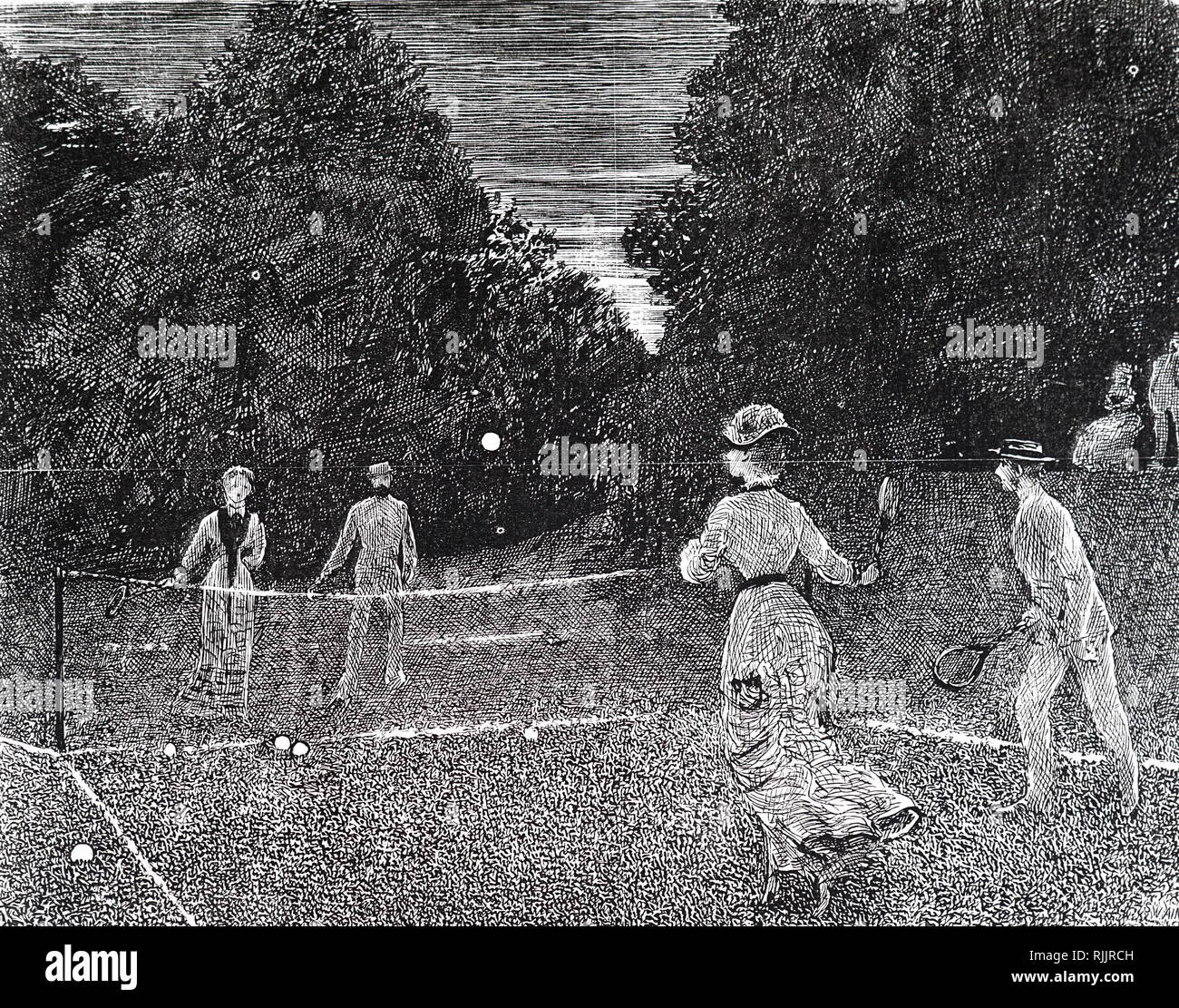 An engraving depicting the use of white phosphorus paint on a tennis court. Dated 19th century Stock Photo