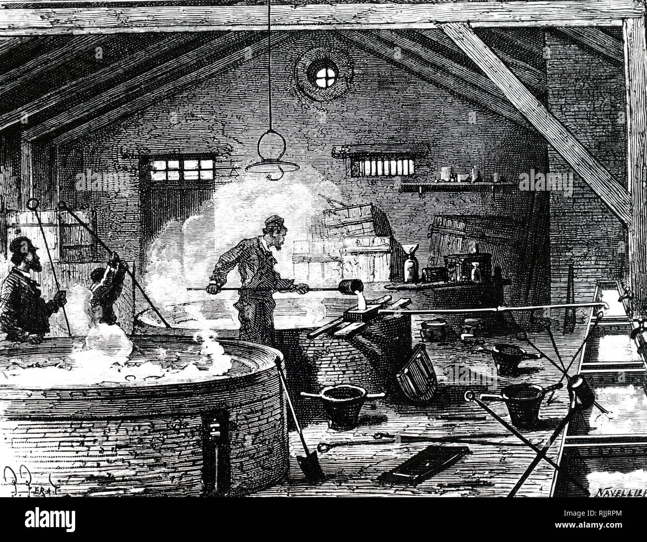 An engraving depicting soap-boilers. Dated 19th century Stock Photo