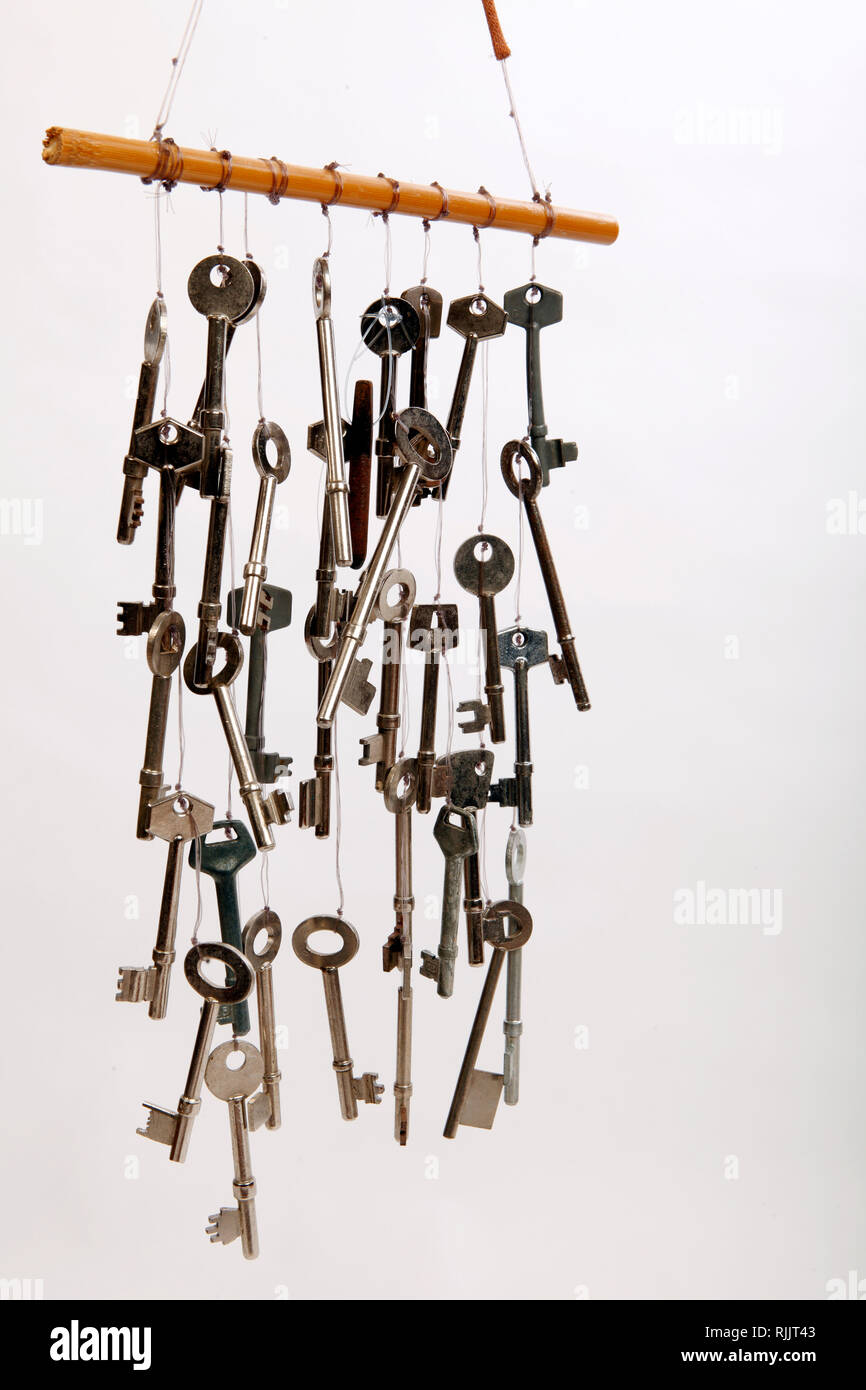 collection of keys hanging on a frame  to create a sound effect. Stock Photo
