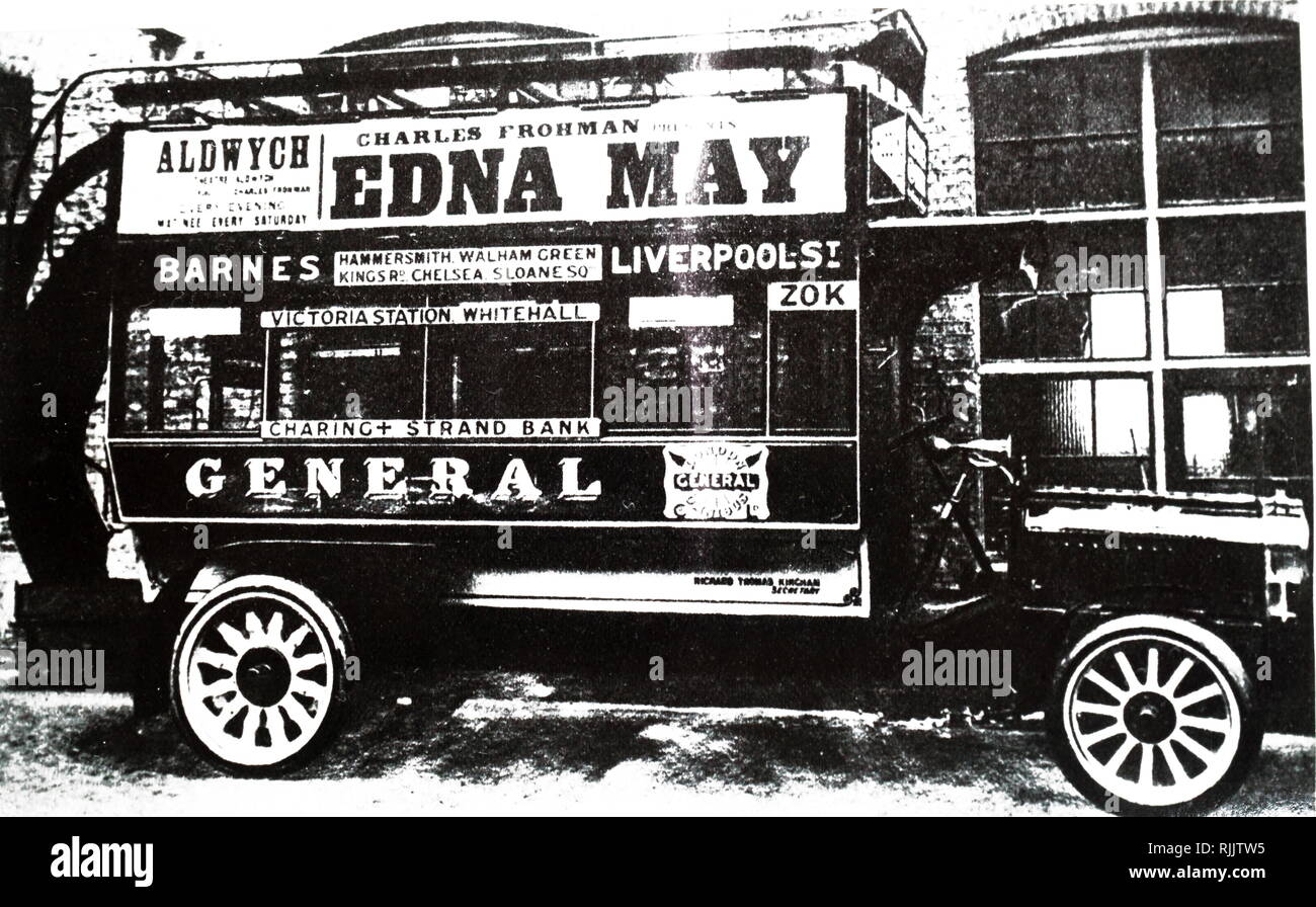 A photograph of an early motorised bus. Dated 20th century Stock Photo