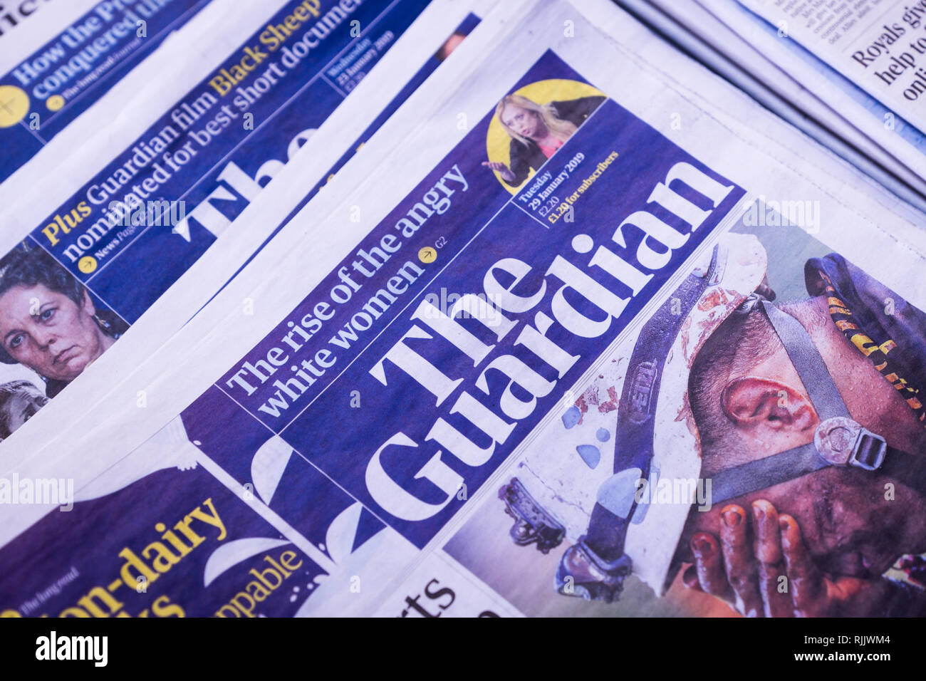 UK Press : The front page masthead and headlines of The Guardian 'broadsheet' heavyweight  print national newspaper. Stock Photo