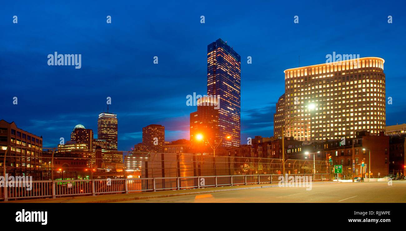 Boston John Hancock Tower and Back Bay Skyline at night, Boston, Massachusetts, USA. Stock Photo