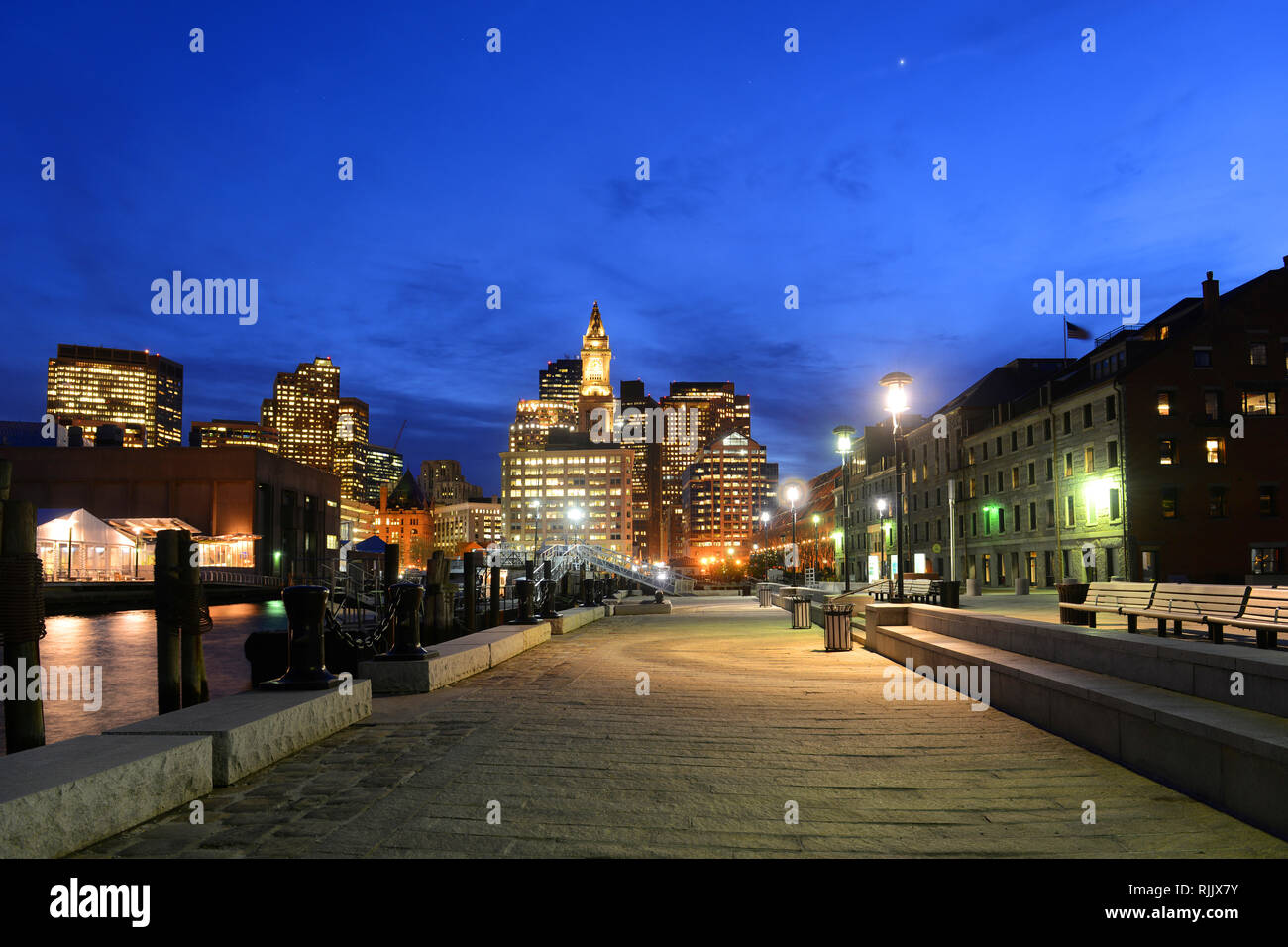 Boston Custom House, Long Wharf and Financial District skyline at night