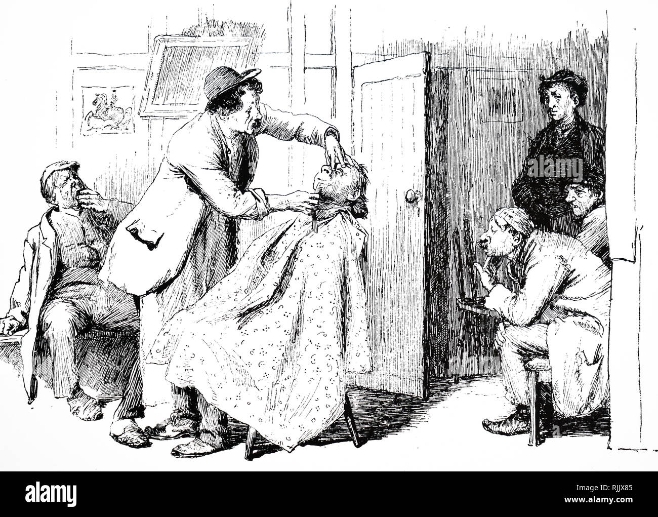 A cartoon depicting a barber's shop in a poor district of London. Illustrated by Hugh Thomson (1860-1920) an Irish born illustrator. Dated 19th century Stock Photo