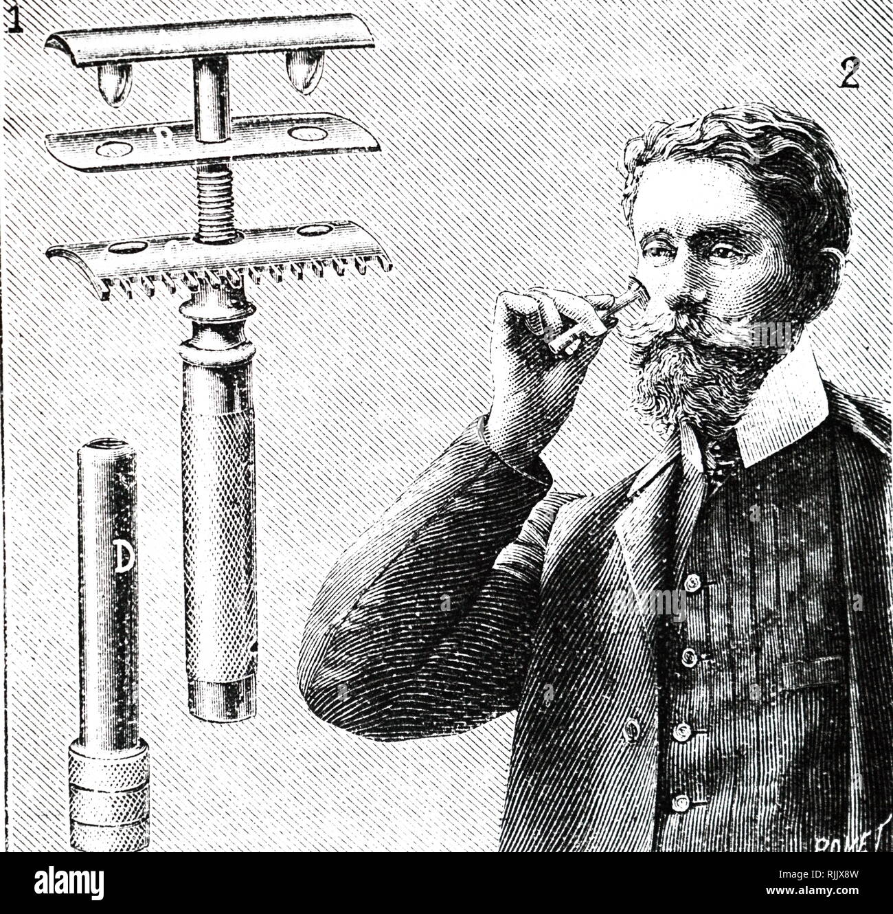 An engraving depicting King Gillette's safety razor with replaceable blades. Dated 20th century Stock Photo