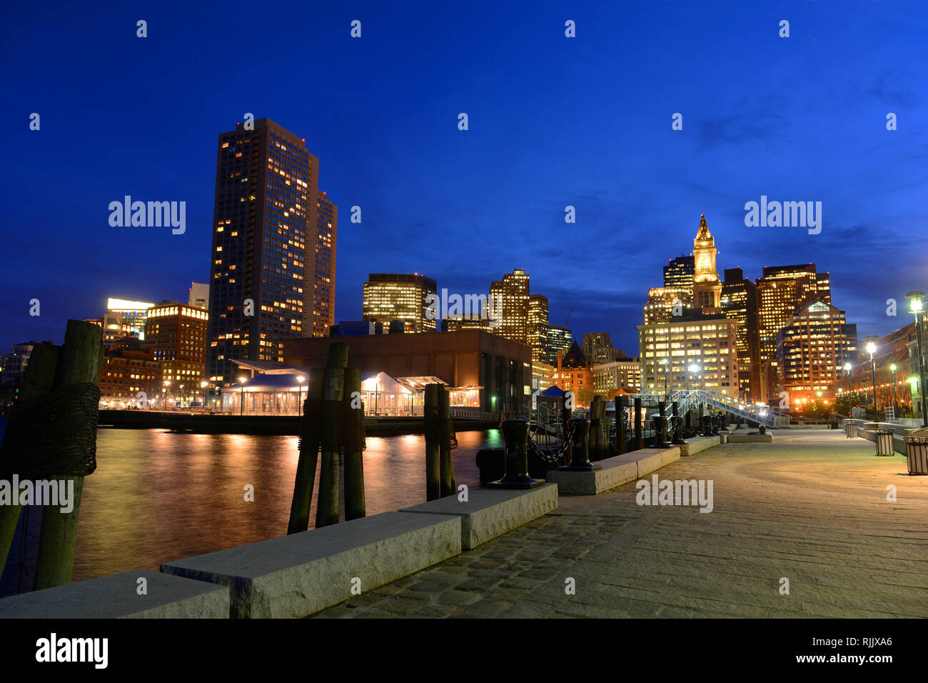 Boston Custom House, Long Wharf and Financial District skyline at night