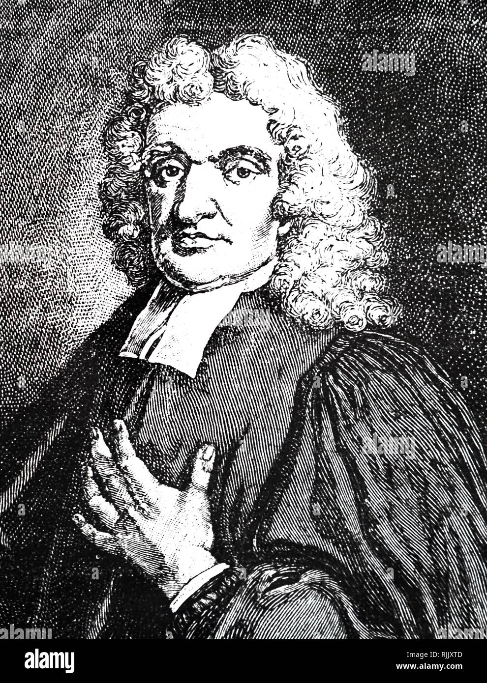 An engraving depicting John Flamsteed (1646-1719) English astronomer ...