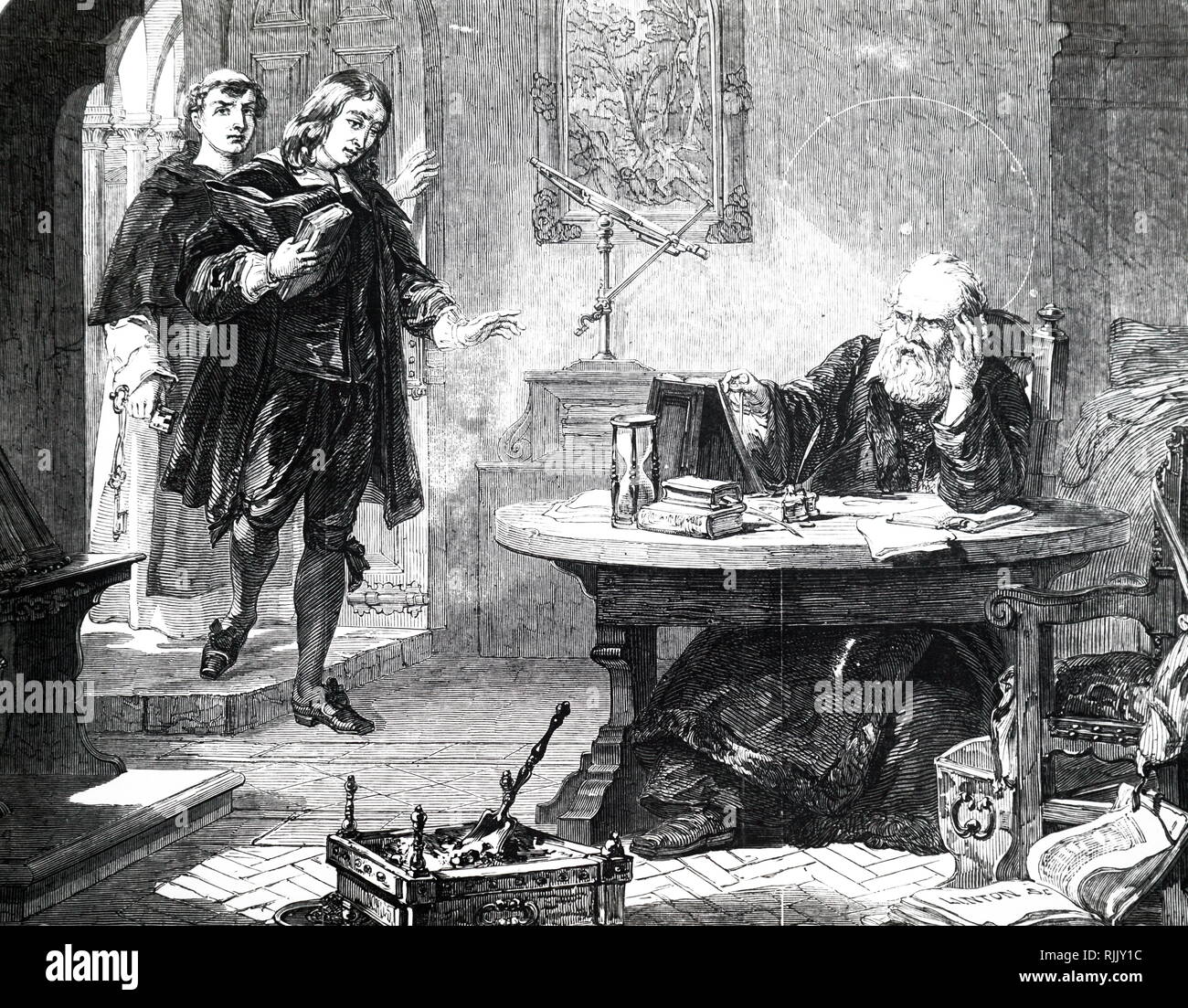 Drawing showing the English writer, John Milton, visiting Galileo Galilei (1564 – 1642); Italian polymath. Known for his work as astronomer, physicist, engineer, philosopher, and mathematician, Galileo has been called the 'father of observational astronomy'. 19th century Stock Photo