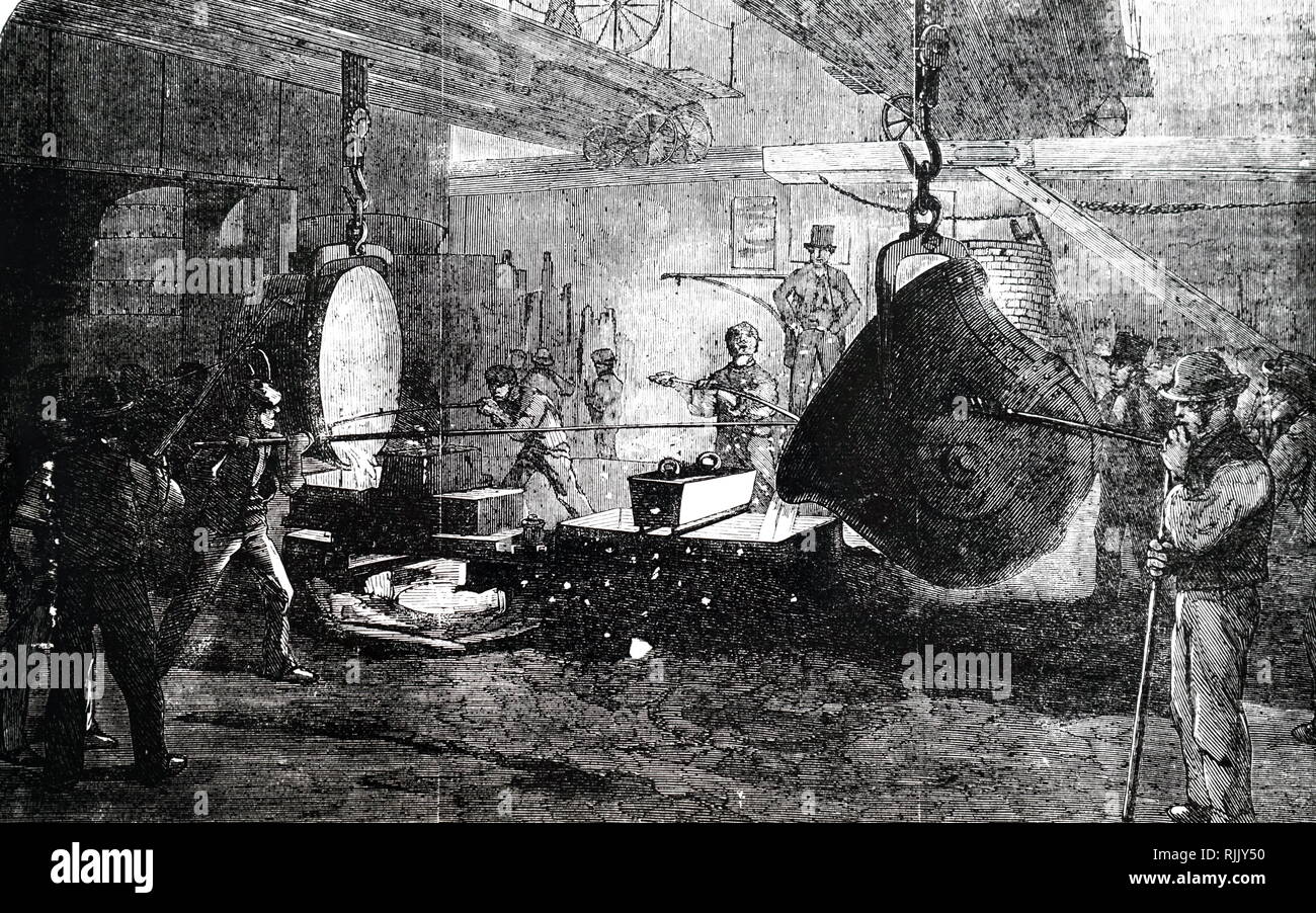 An engraving depicting the casting of mortar at Grissell's Regent's Canal Ironworks, City Road, London. A Nasmyth safety ladle is used. Dated 19th century Stock Photo