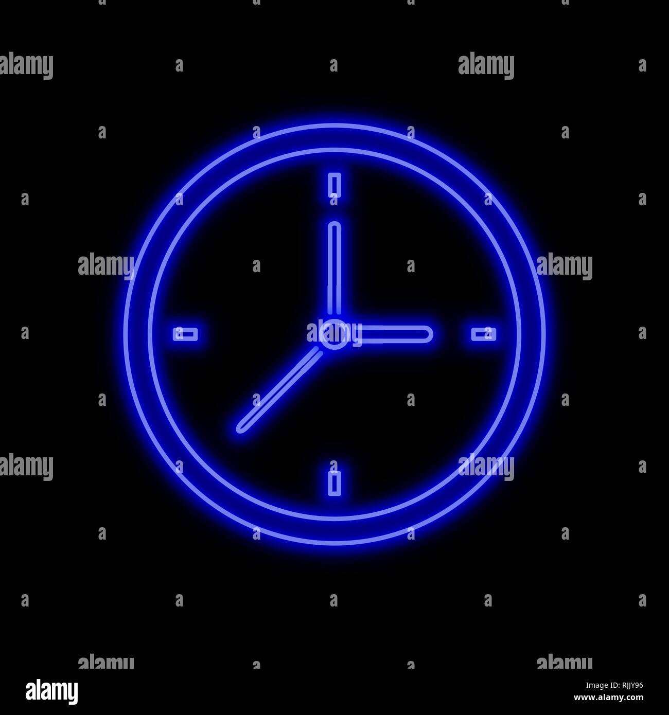 Clock neon sign. Bright glowing symbol on a black background. Neon