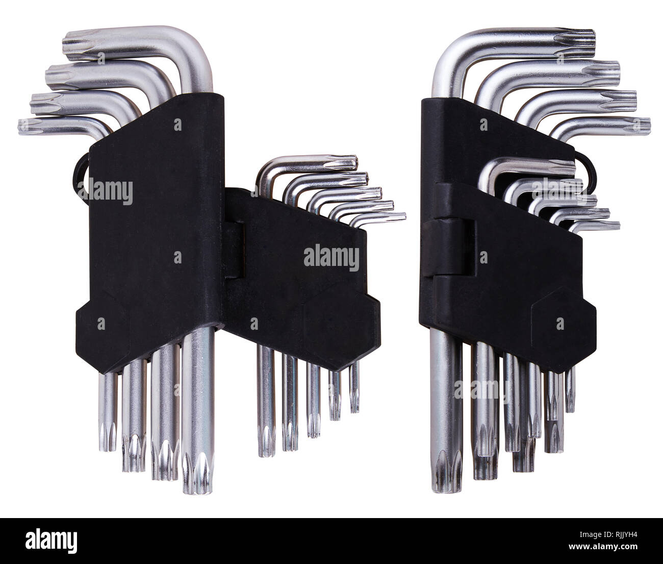 Set of Hex keys (Allen wrenches) in black plastic holder isolated on a white background. This tool used to drive bolts and screws with hexagonal sock Stock Photo