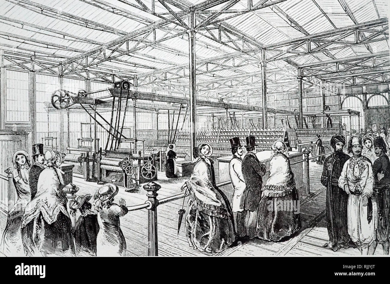 An engraving depicting power looms and spinning mules on show at the Crystal Palace. Dated 19th century Stock Photo