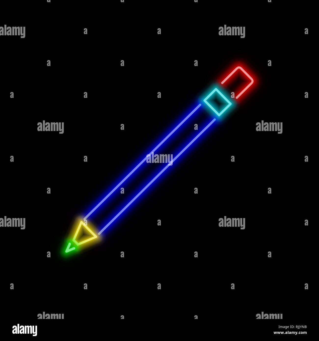 Pencil neon sign. Bright glowing symbol on a black background. Neon