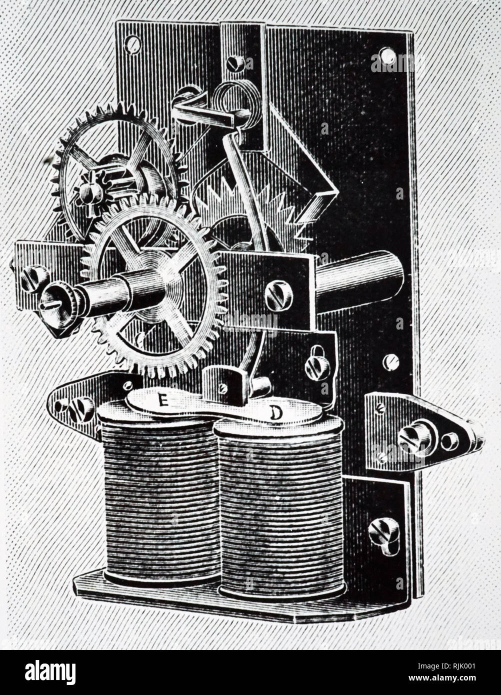 An engraving depicting Martin's electromechanical clock, showing the pendulum and electromagnetic drive which replaced a weight or mainspring. Dated 20th century Stock Photo