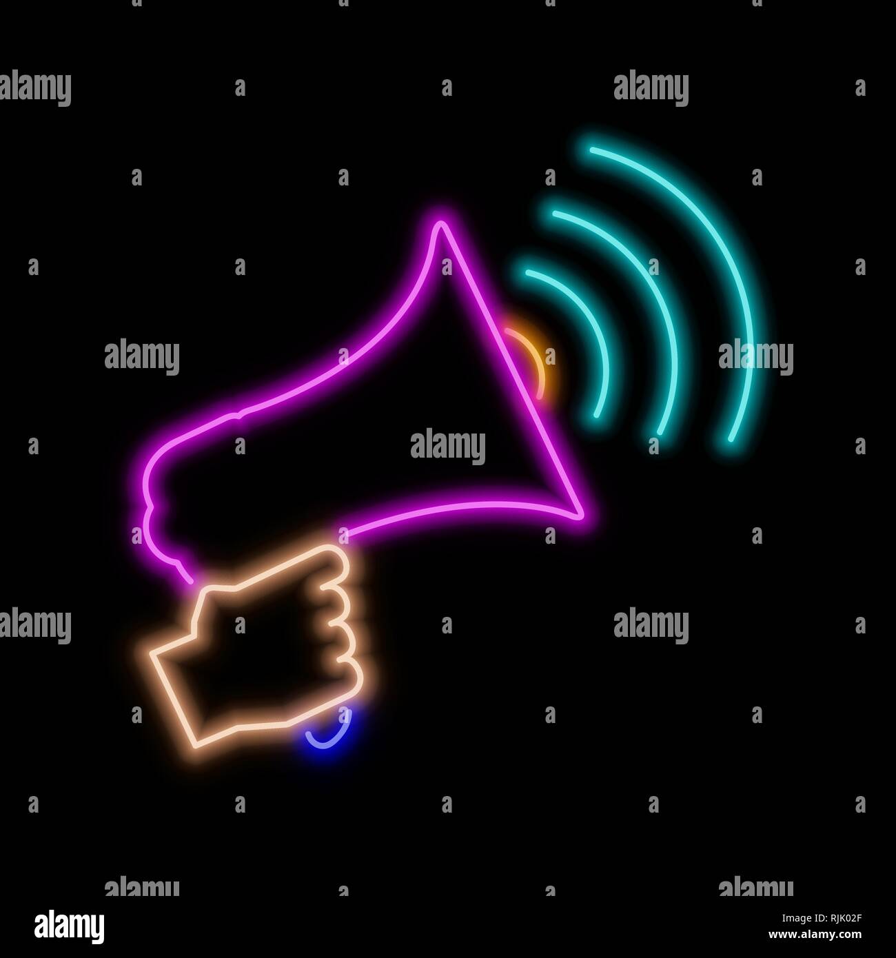 Hand with loudspeaker neon sign. Bright glowing symbol on a black background. Neon style icon. Stock Vector