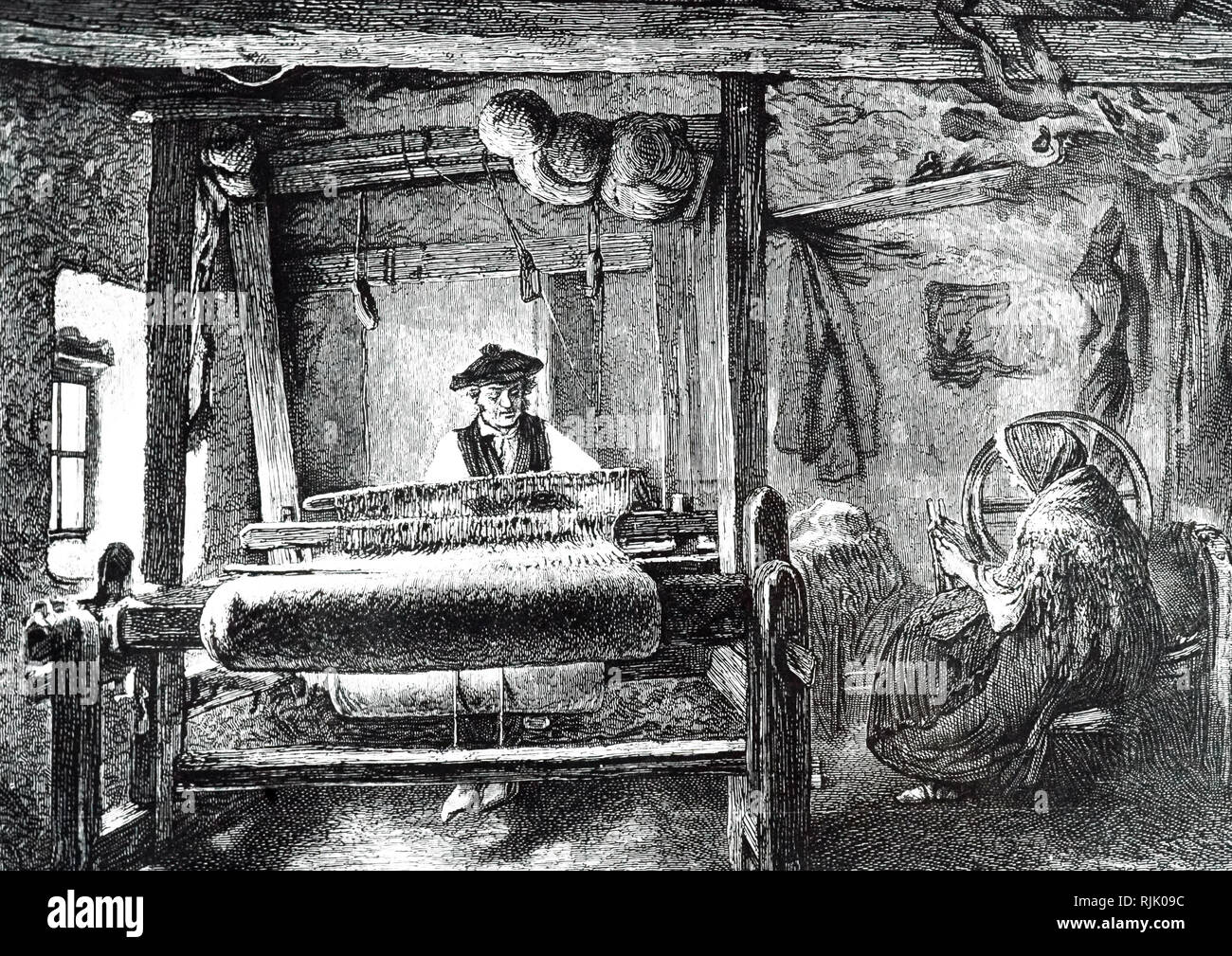 An engraving depicting an Irish weaver - Working in his own home, his finished lengths of cloth would be sold to a wholesaler who would often make part payment in yarn to be woven into the next length. Dated 19th century Stock Photo