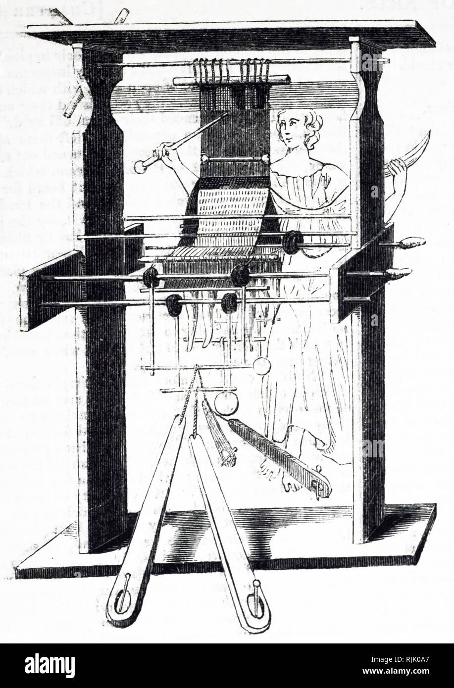 An engraving depicting a woman weaving with an early loom. Dated 19th