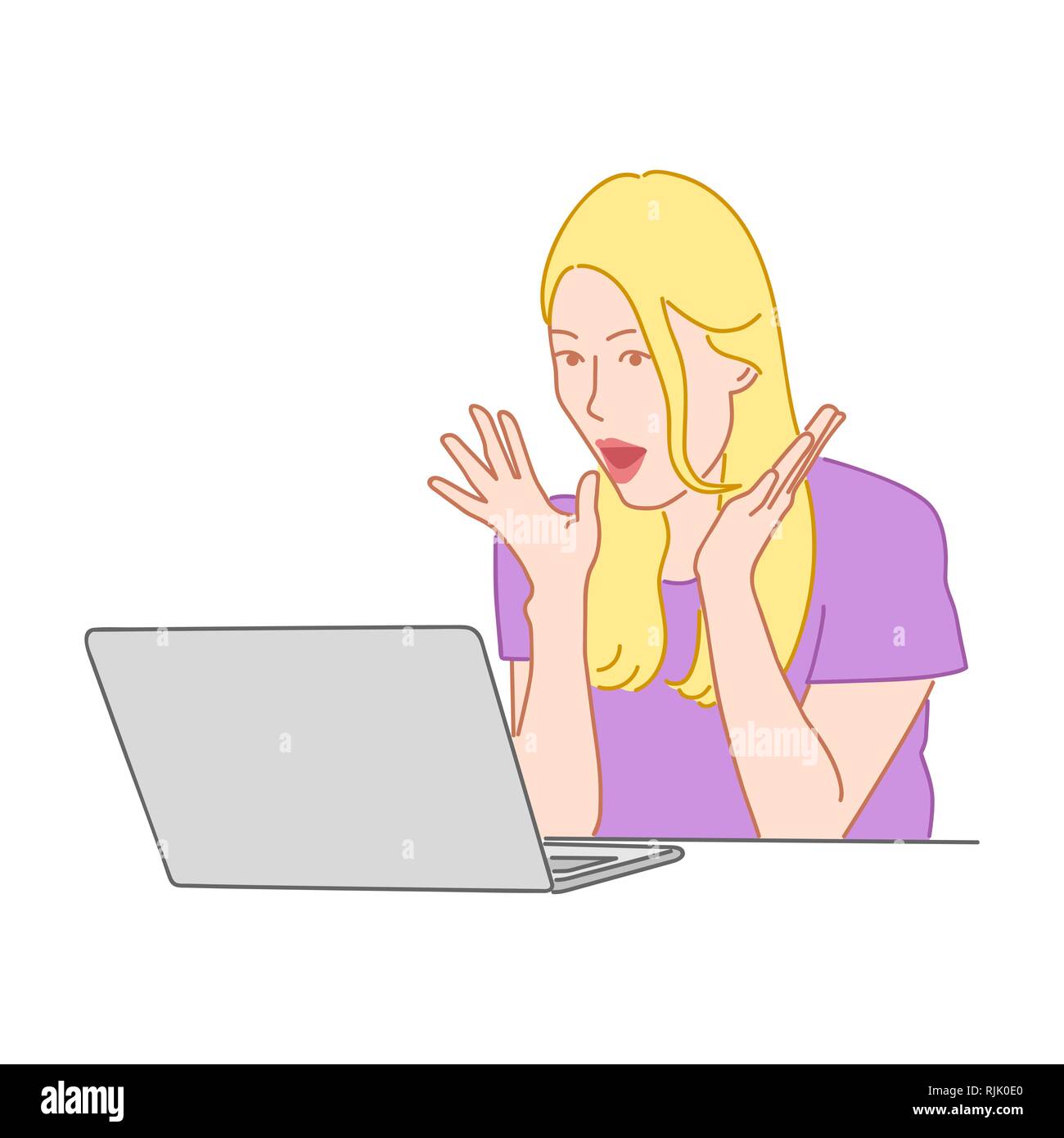 Surprised blond girl with open mouth looks in laptop computer. Amazed, excited or shocked facial expressions concept. Hand drawn style doodle design i Stock Vector