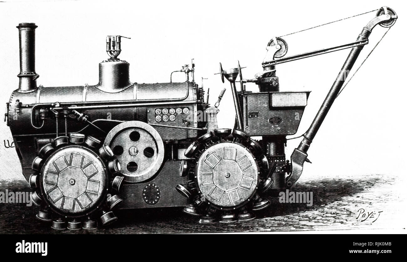 An engraving depicting a pedrail, a form of traction invented by Bramah