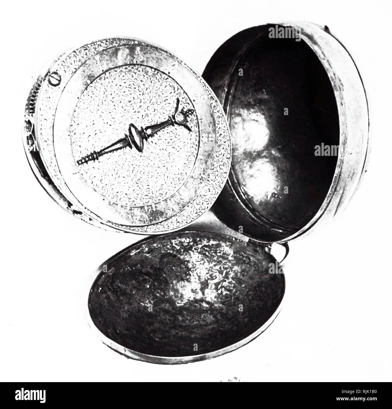 A photograph of a Nuremberg Egg, an early type of pocket watch rear